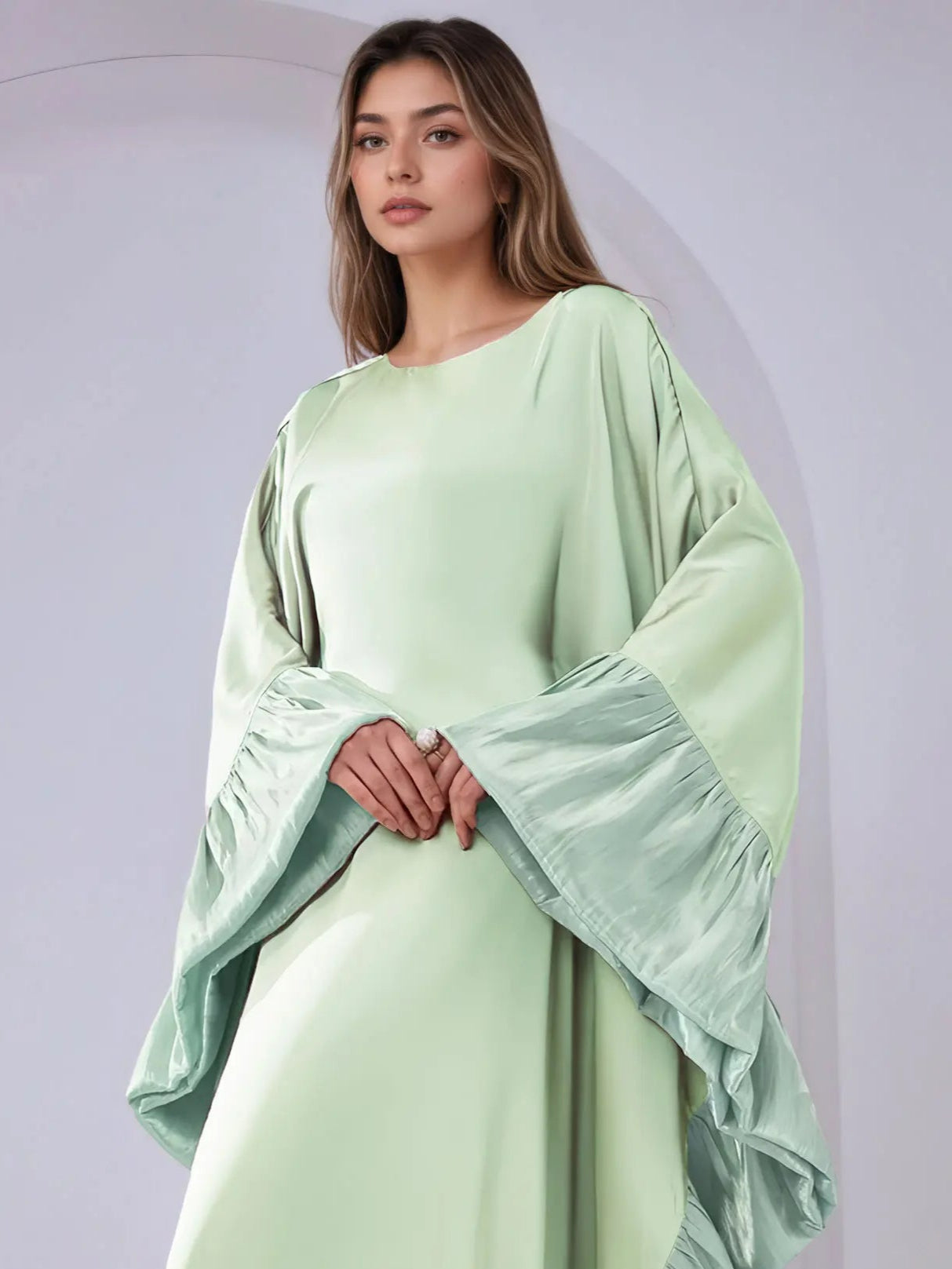 Luxe Modest Kaftan with Metallic Ruffle Trim