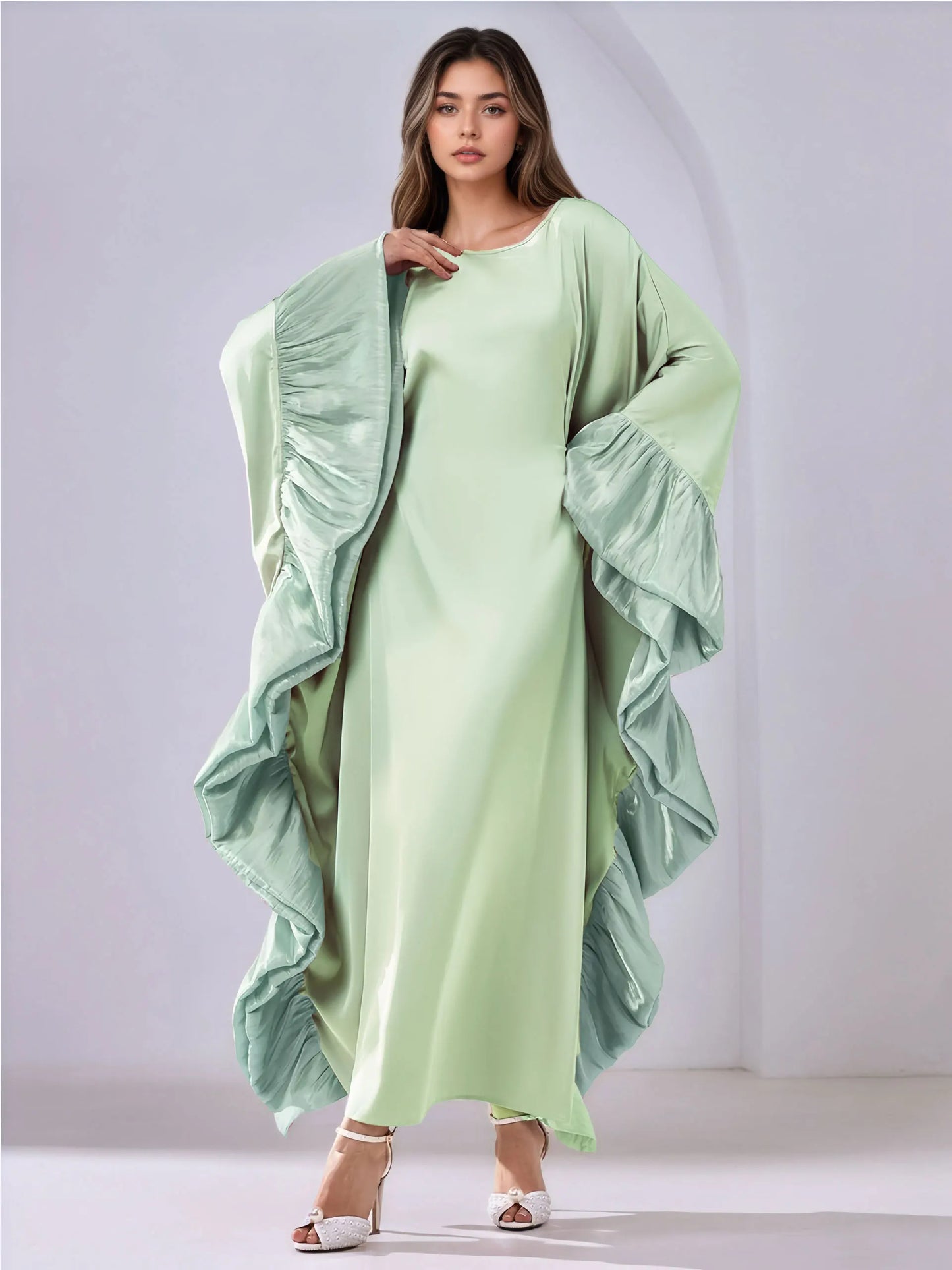 Luxe Modest Kaftan with Metallic Ruffle Trim