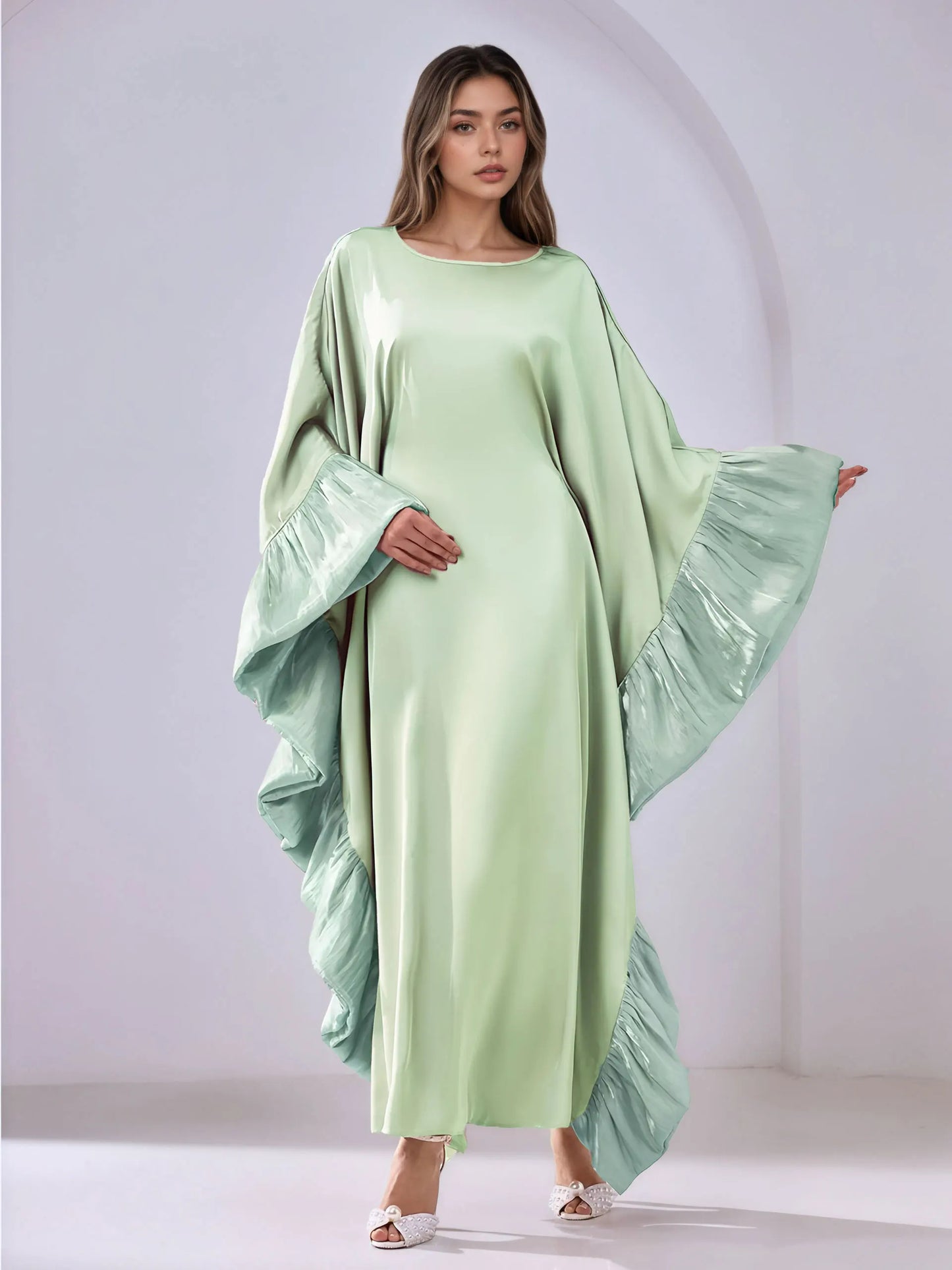 Luxe Modest Kaftan with Metallic Ruffle Trim