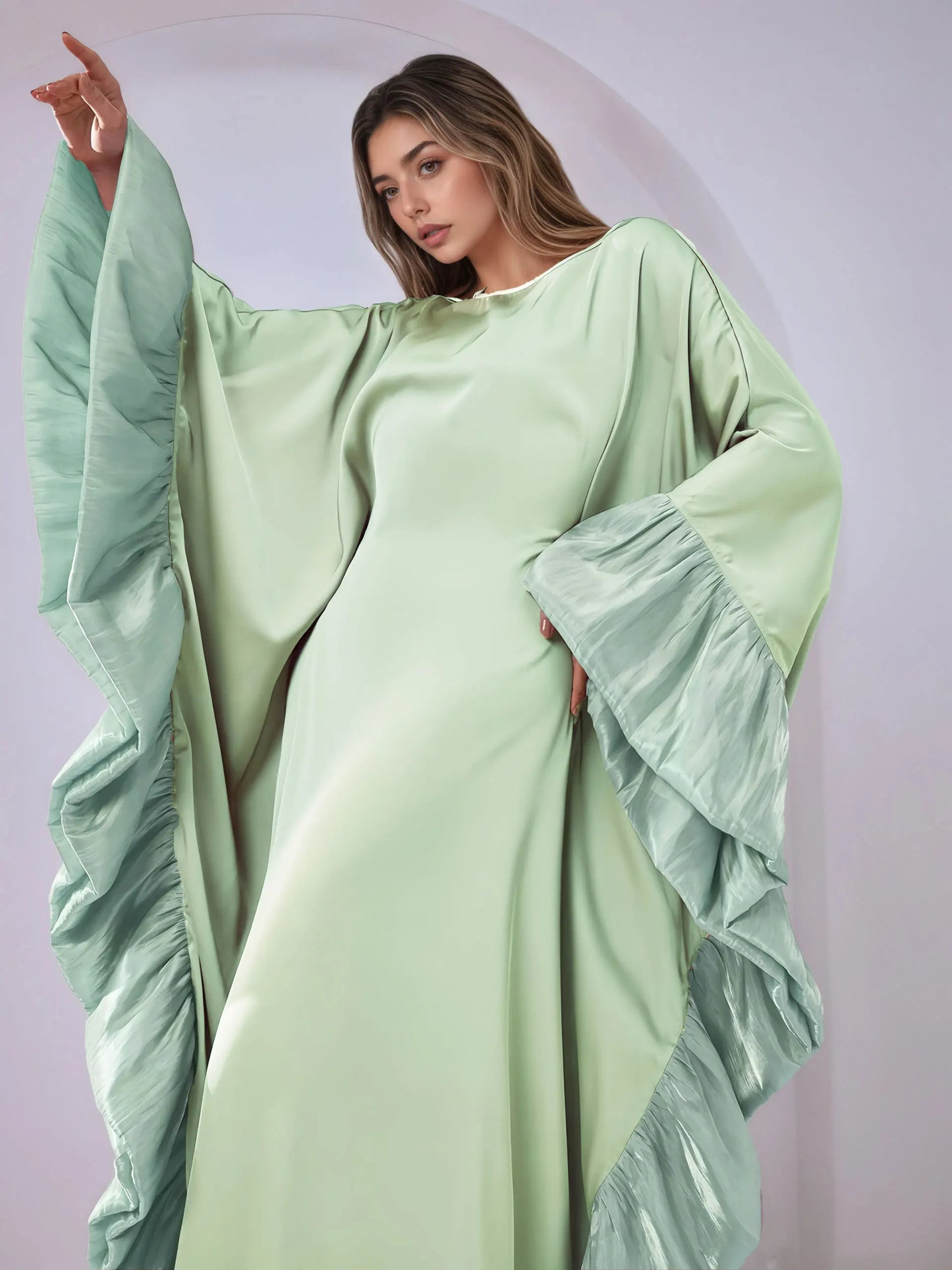 Luxe Modest Kaftan with Metallic Ruffle Trim