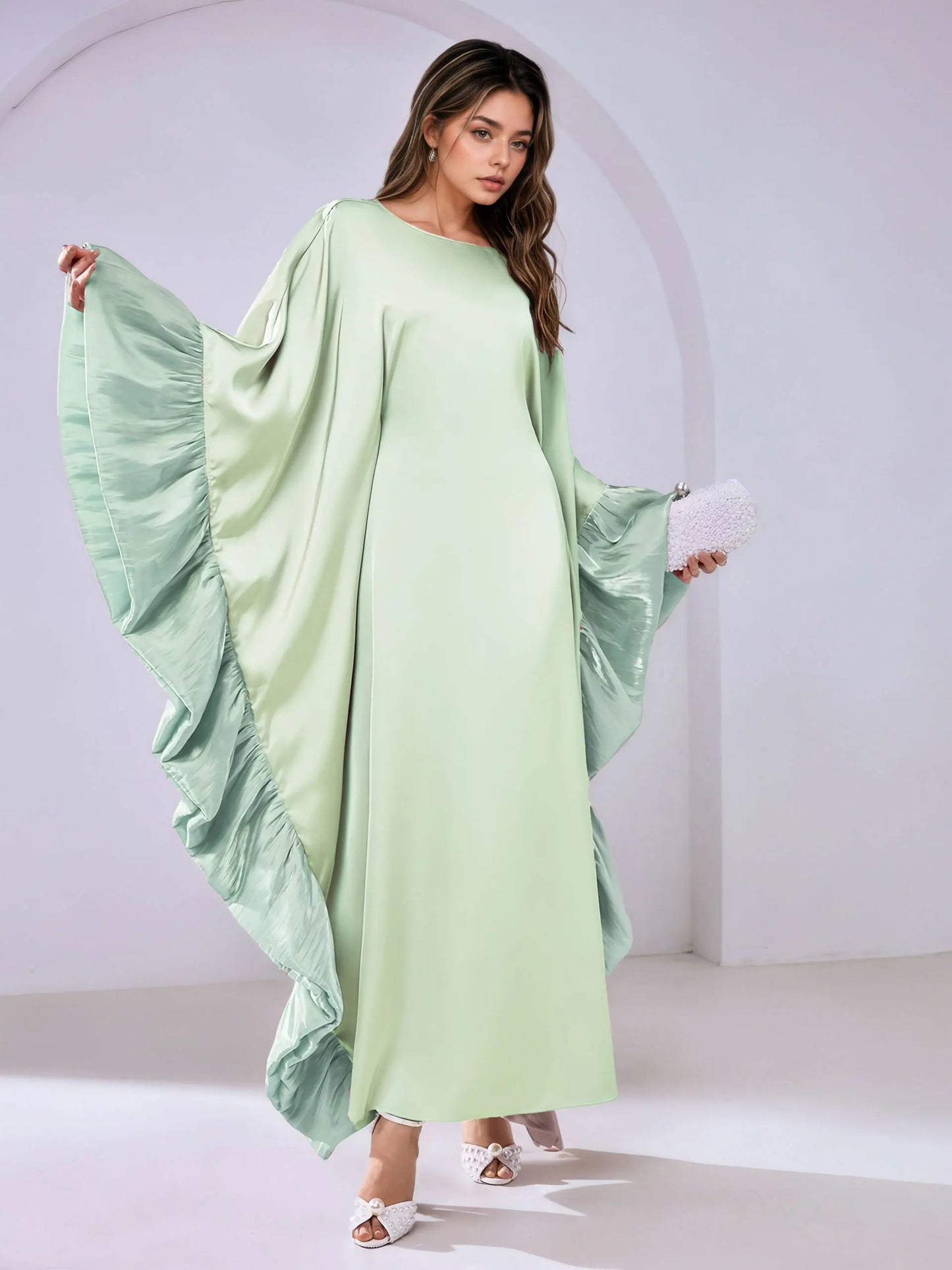 Luxe Modest Kaftan with Metallic Ruffle Trim