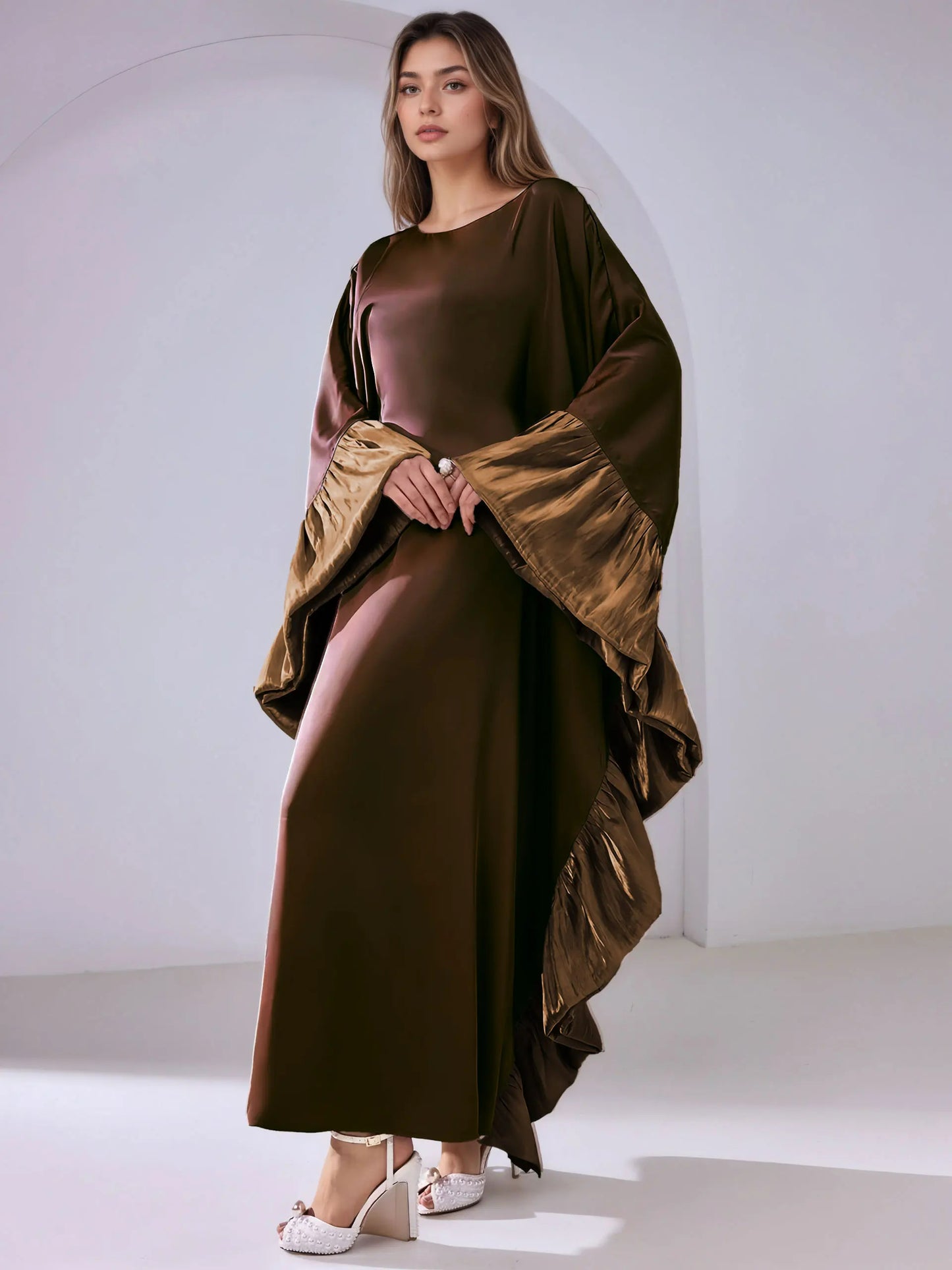 Luxe Modest Kaftan with Metallic Ruffle Trim