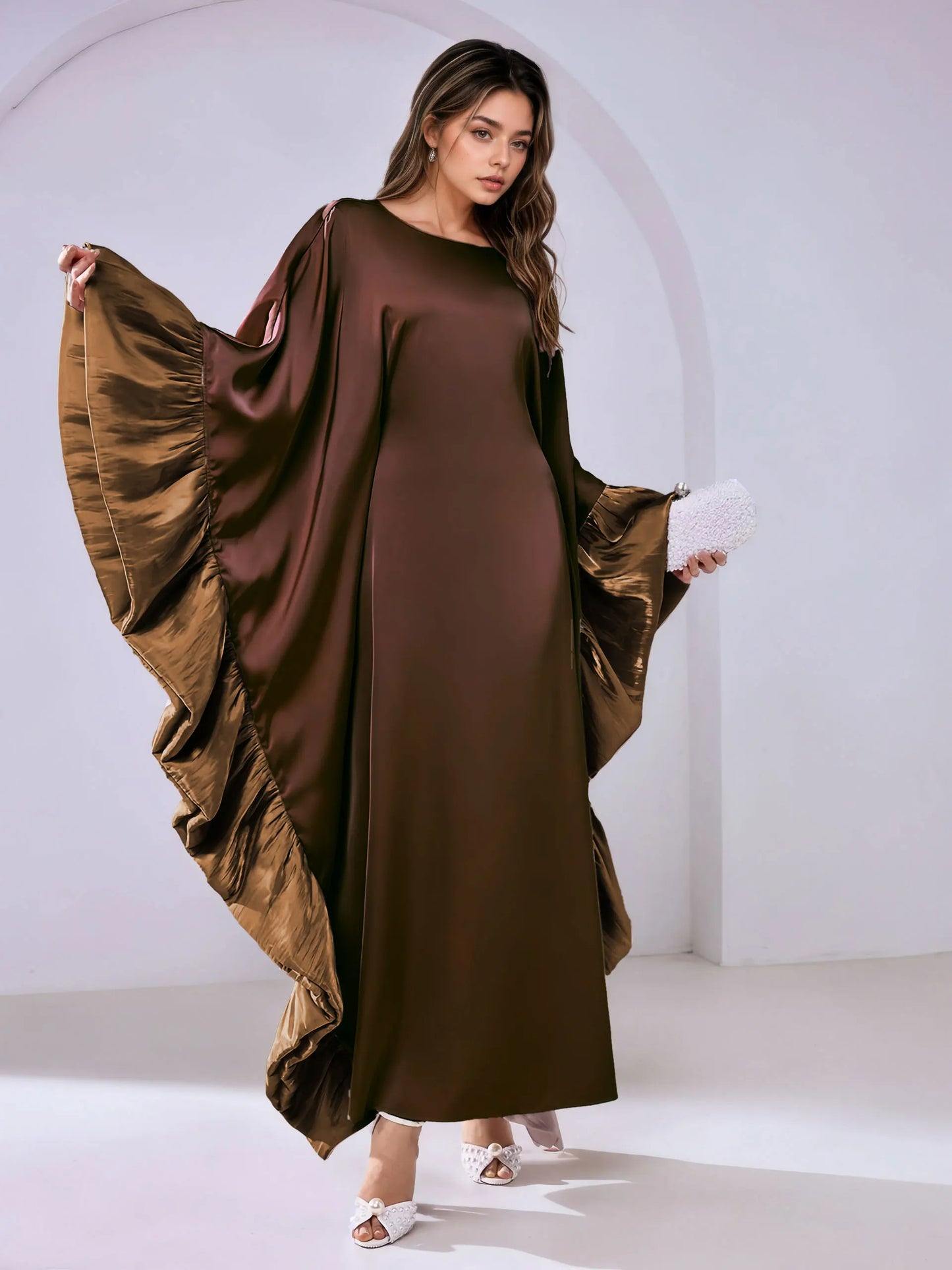 Luxe Modest Kaftan with Metallic Ruffle Trim