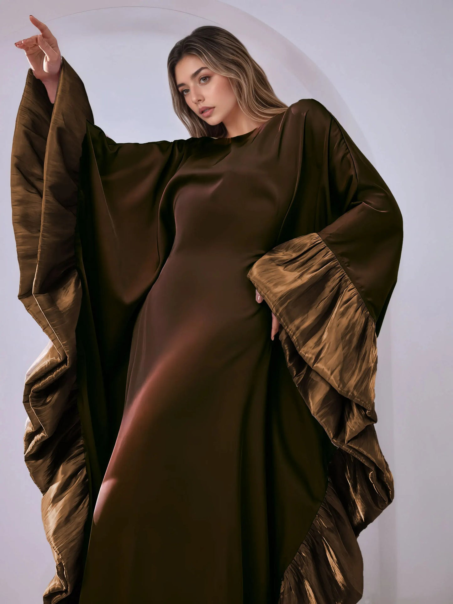 Luxe Modest Kaftan with Metallic Ruffle Trim