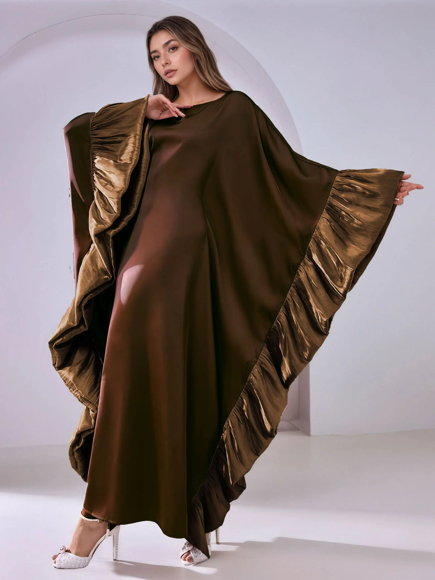 Luxe Modest Kaftan with Metallic Ruffle Trim