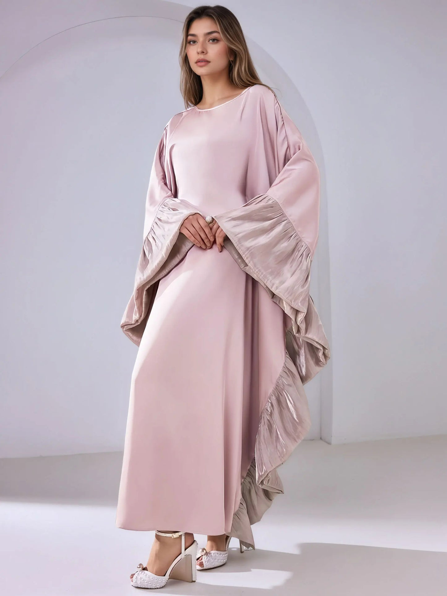 Luxe Modest Kaftan with Metallic Ruffle Trim