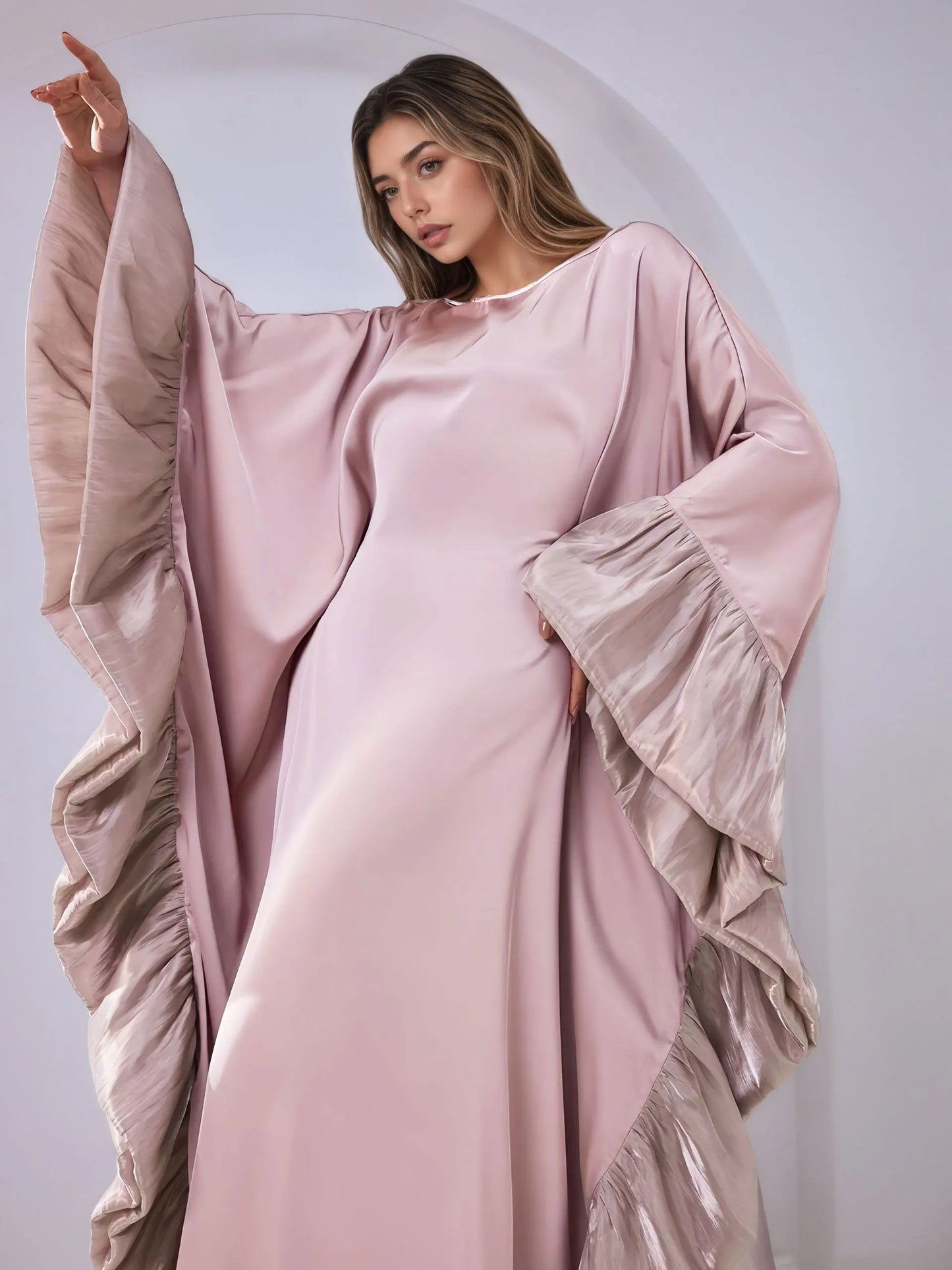 Luxe Modest Kaftan with Metallic Ruffle Trim