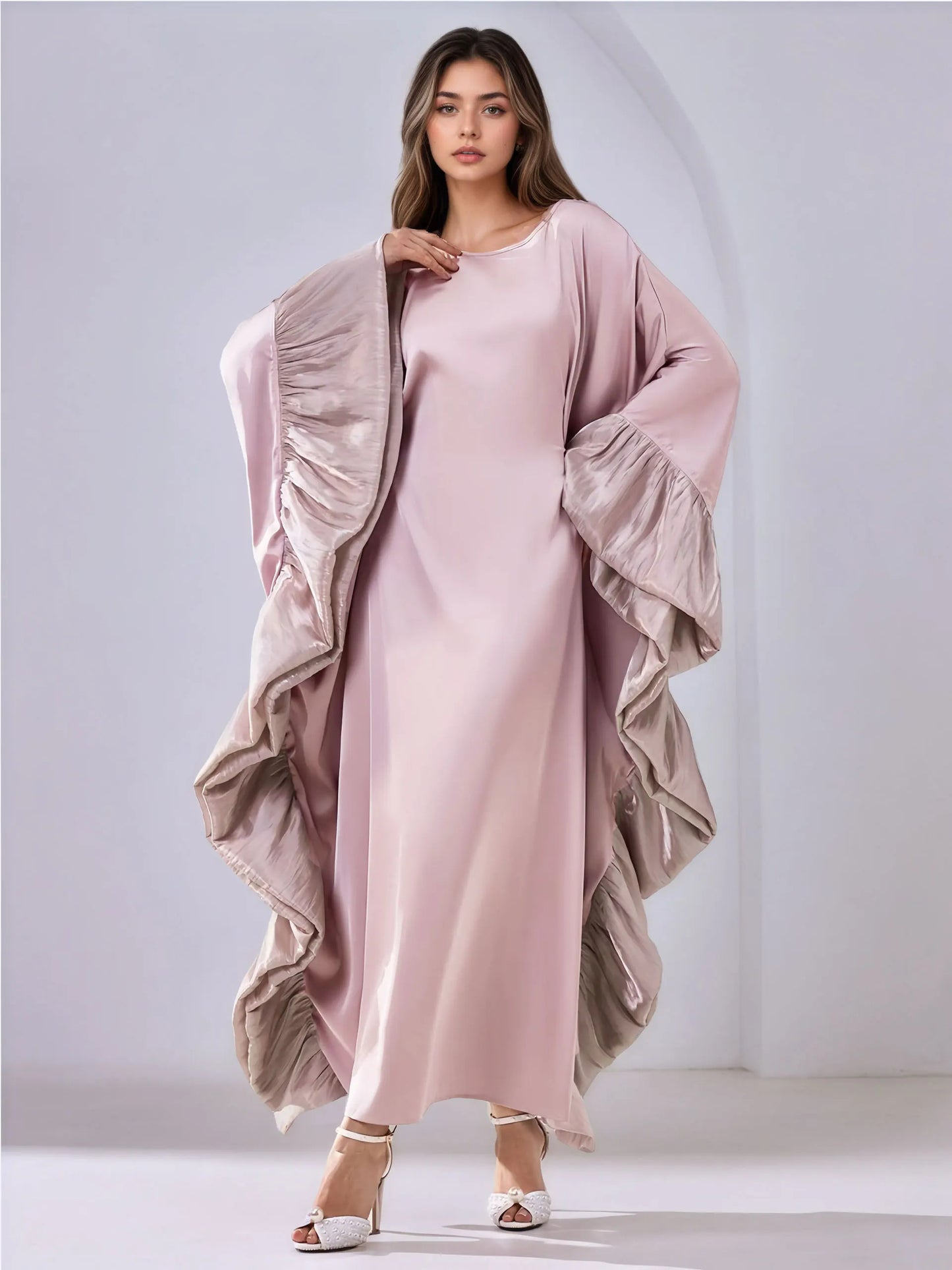 Luxe Modest Kaftan with Metallic Ruffle Trim