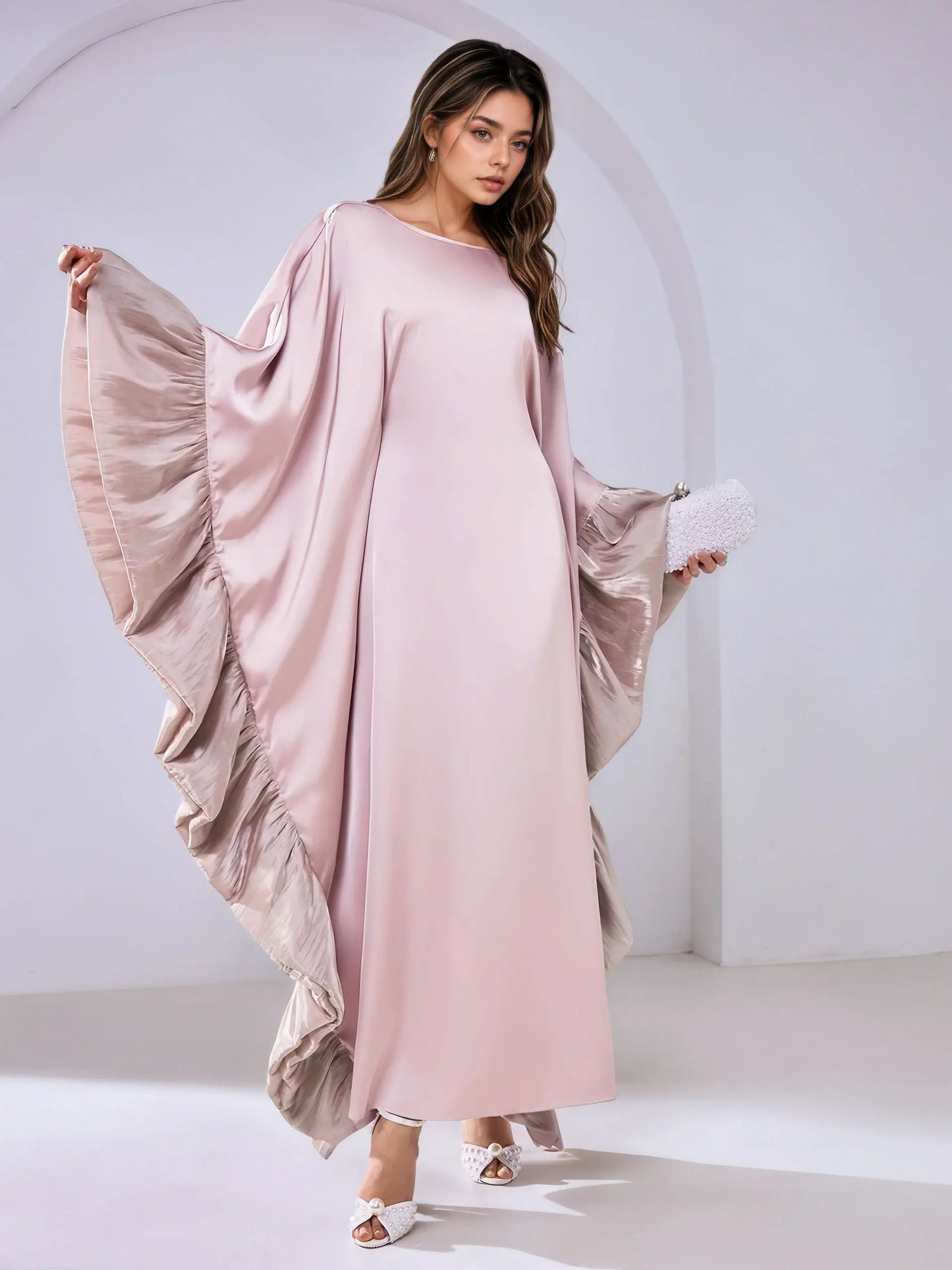 Luxe Modest Kaftan with Metallic Ruffle Trim