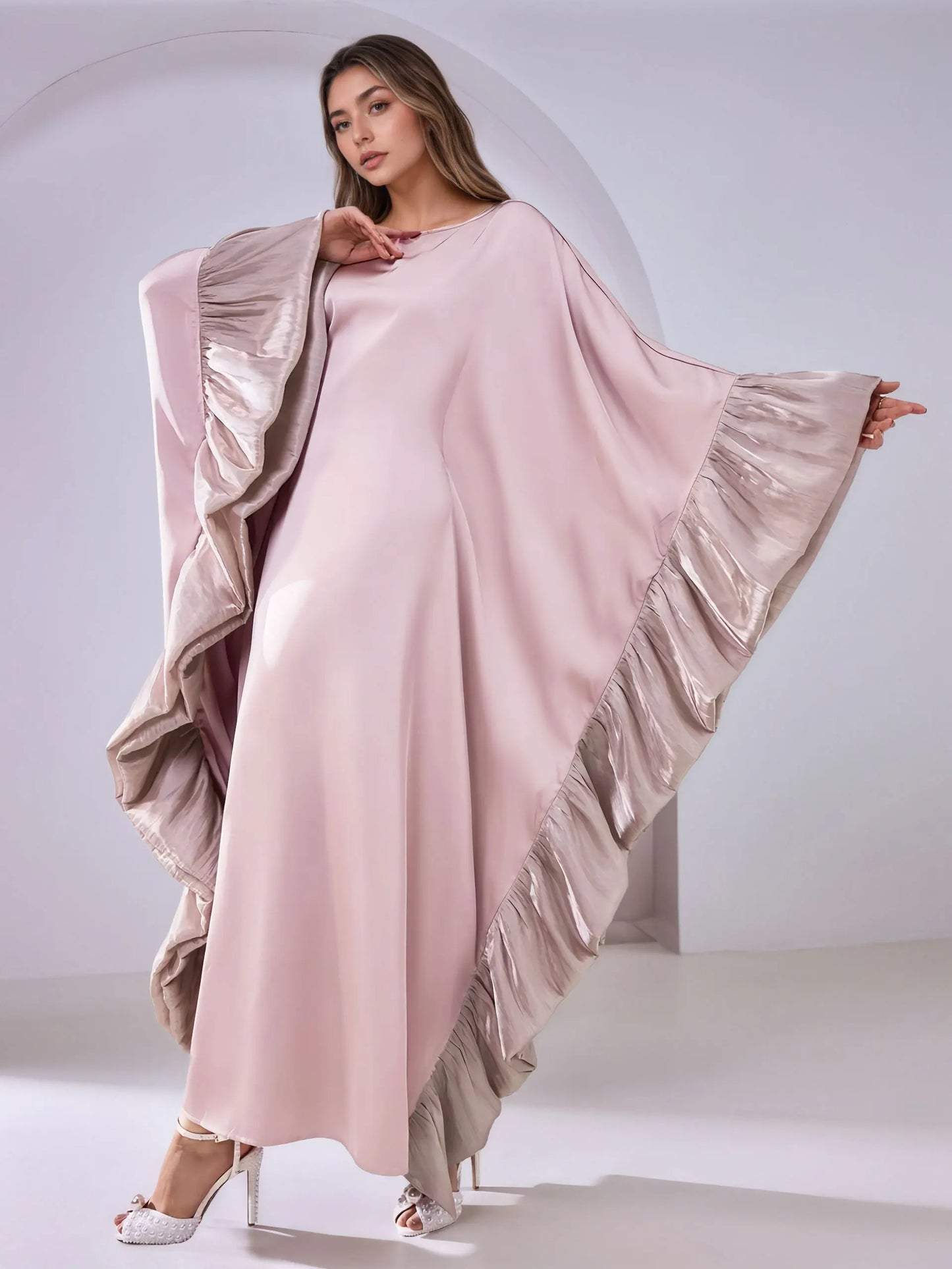 Luxe Modest Kaftan with Metallic Ruffle Trim