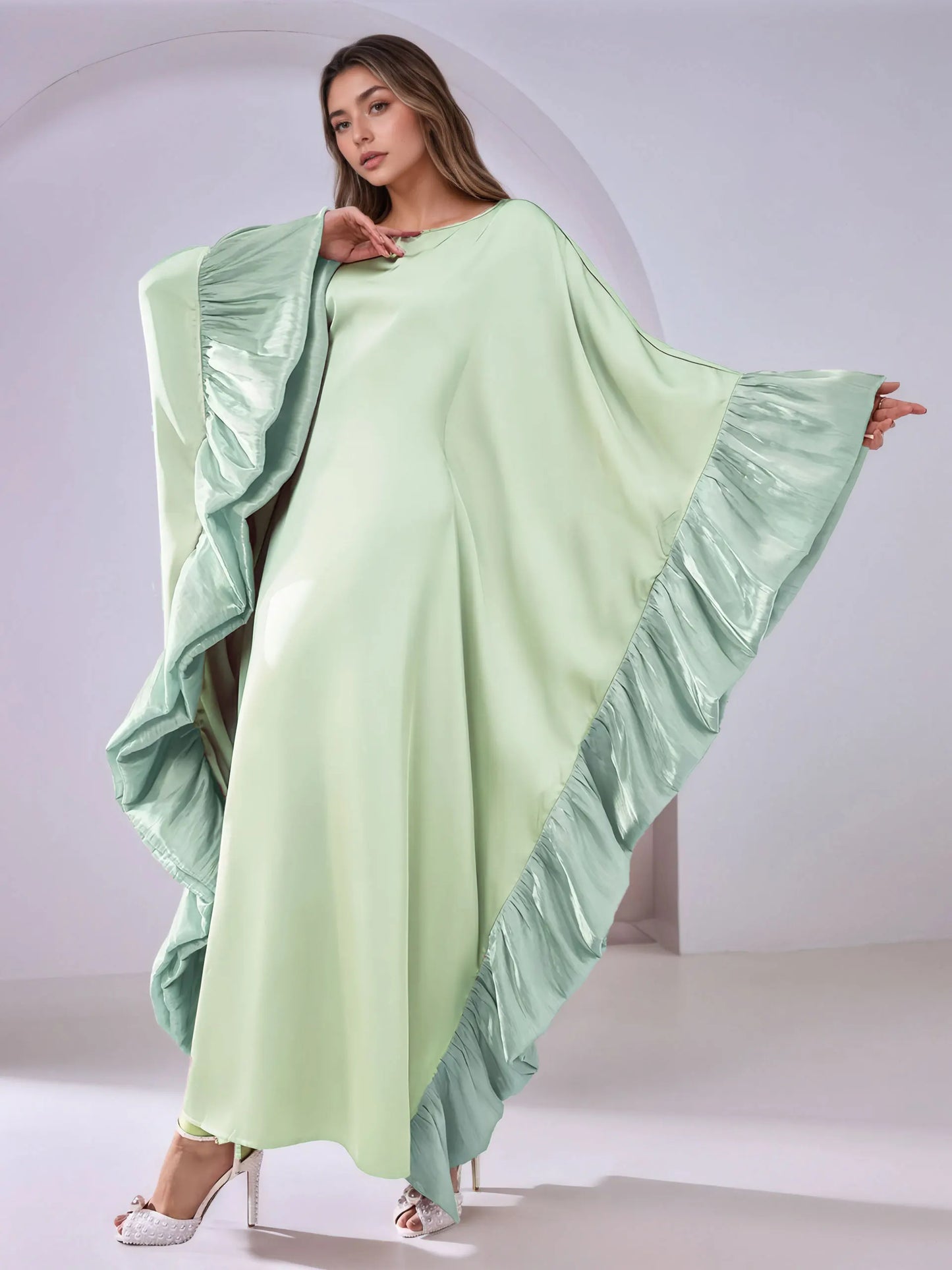 Luxe Modest Kaftan with Metallic Ruffle Trim